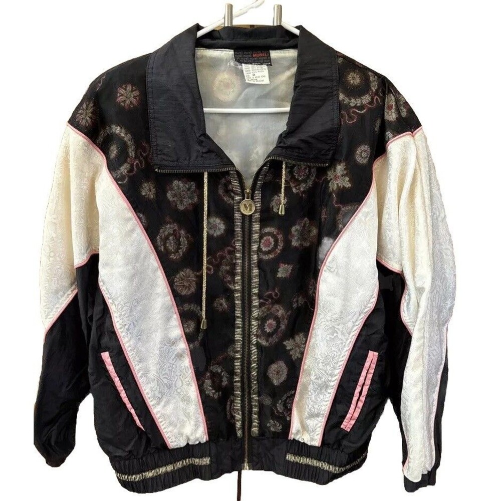 Mureli Vintage Black White Gold Pink Windbreaker Jacket M Lined Zip Pockets